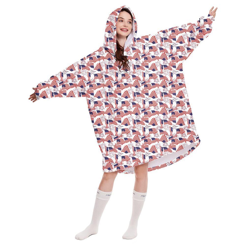 6077 USA America Flag Wearable Blanket Hoodie for adult，Oversized Pullover